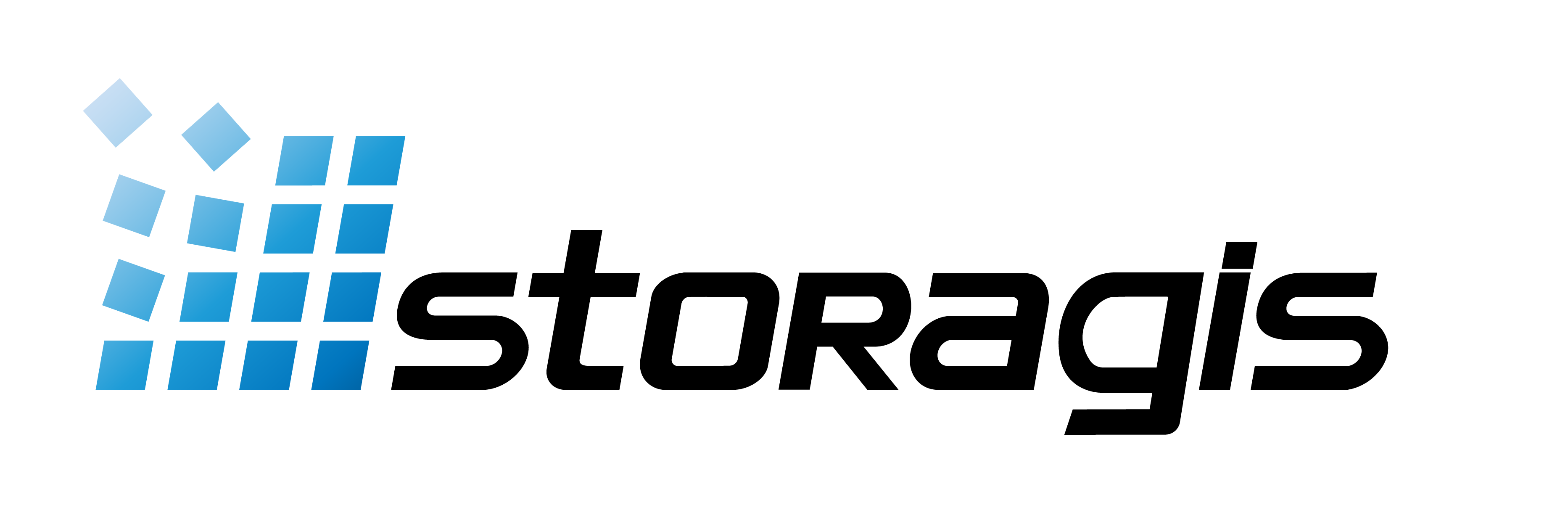 logo de la société storagis, il est constitué d'un damier en couleur bleu dégradé et du mot storagis ecrit en lettres noires majuscules.